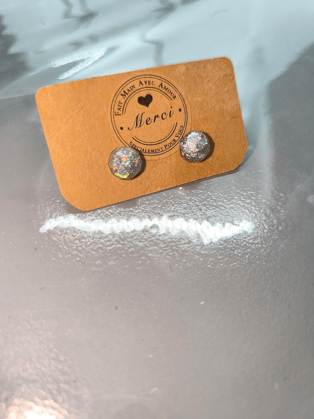 Petites boucles d'oreilles ronde argenté holographique 