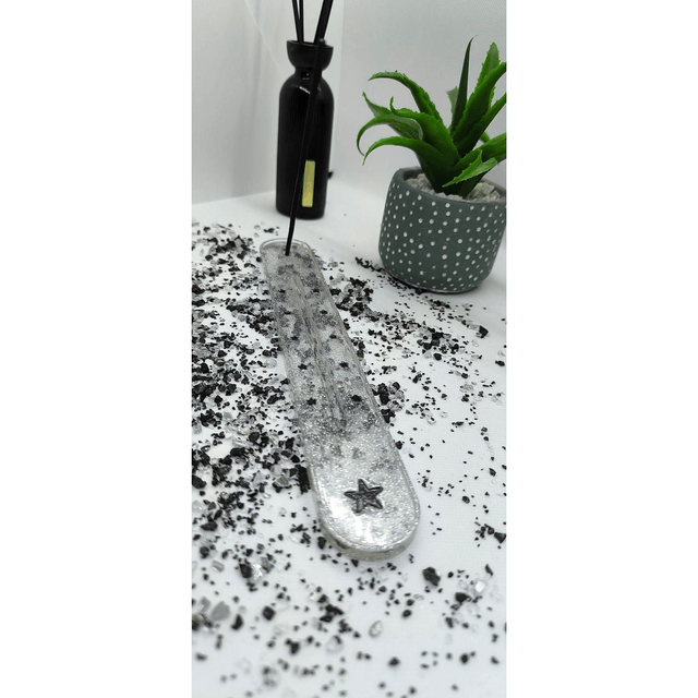 Porte encens transparent paillettes argentées et étoiles noires