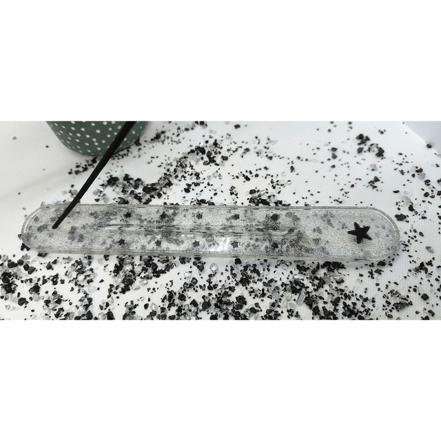 Porte encens transparent paillettes argentées et étoiles noires