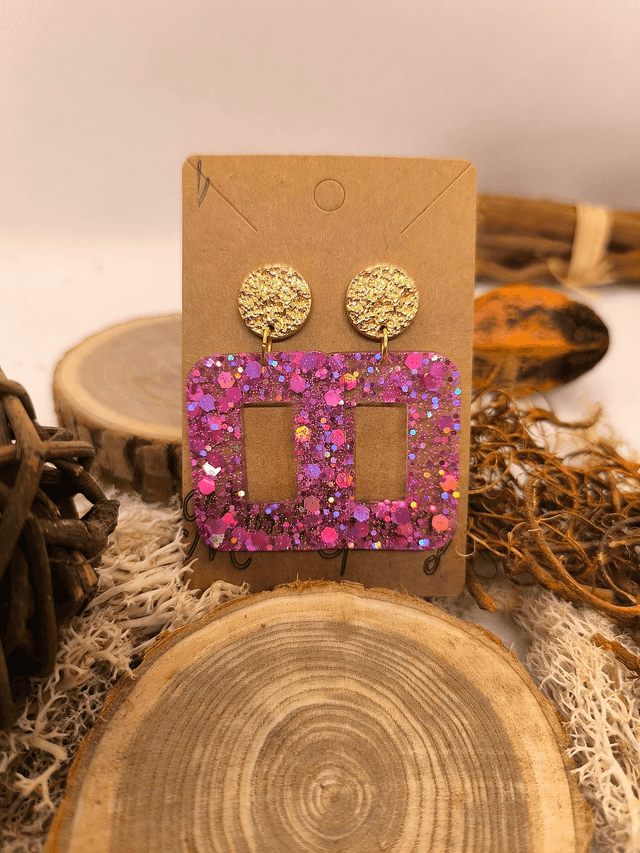 Boucles d'oreilles rectangle (large) rose pailletté holographique 
