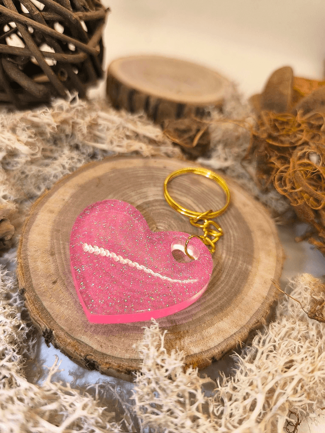 Porte clés coeur rose fluo pailletté 