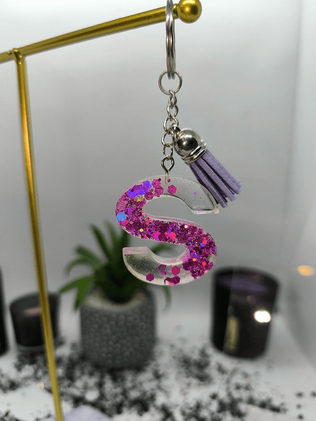 Porte clés initiale "S" rose pailletté holographique 