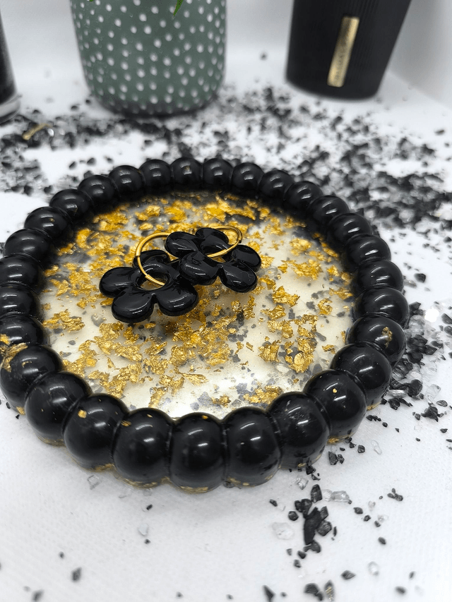 Plateau rond bubble noir et feuilles d'or 