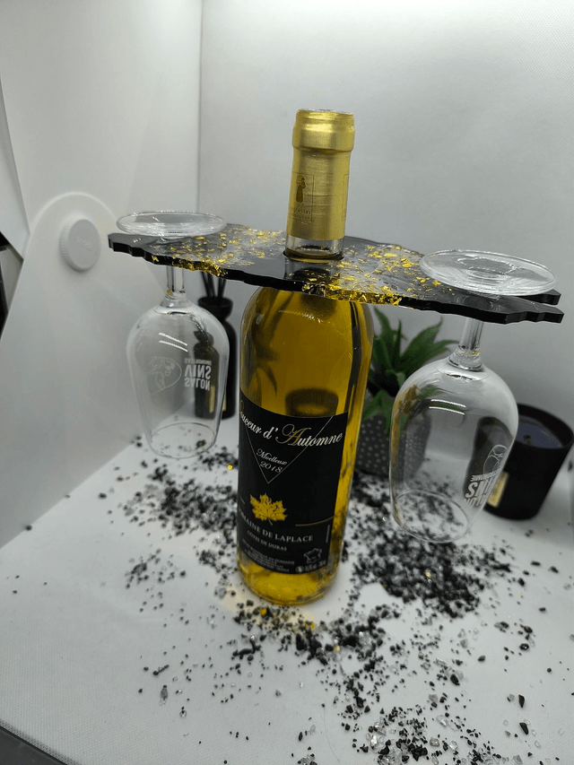 Support bouteille + verres noir et feuilles d'or 