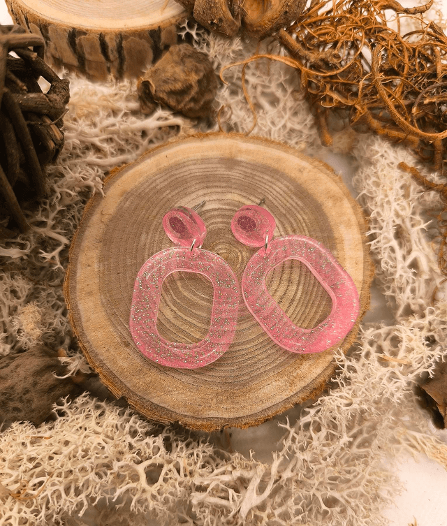Boucles d'oreilles ovale rose fluo pailletté 
