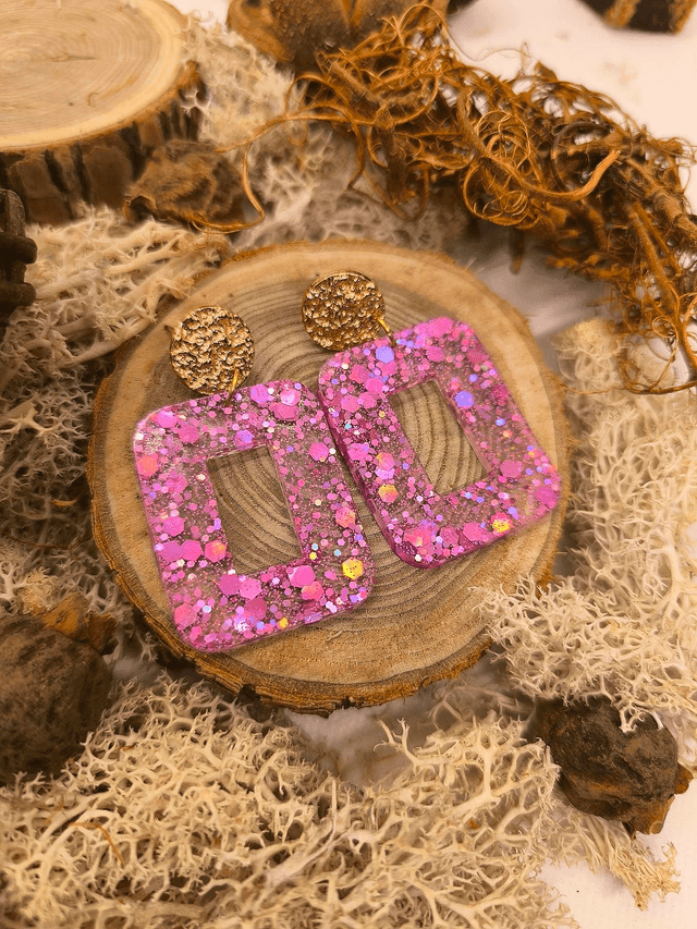 Boucles d'oreilles rectangle (large) rose pailletté holographique 