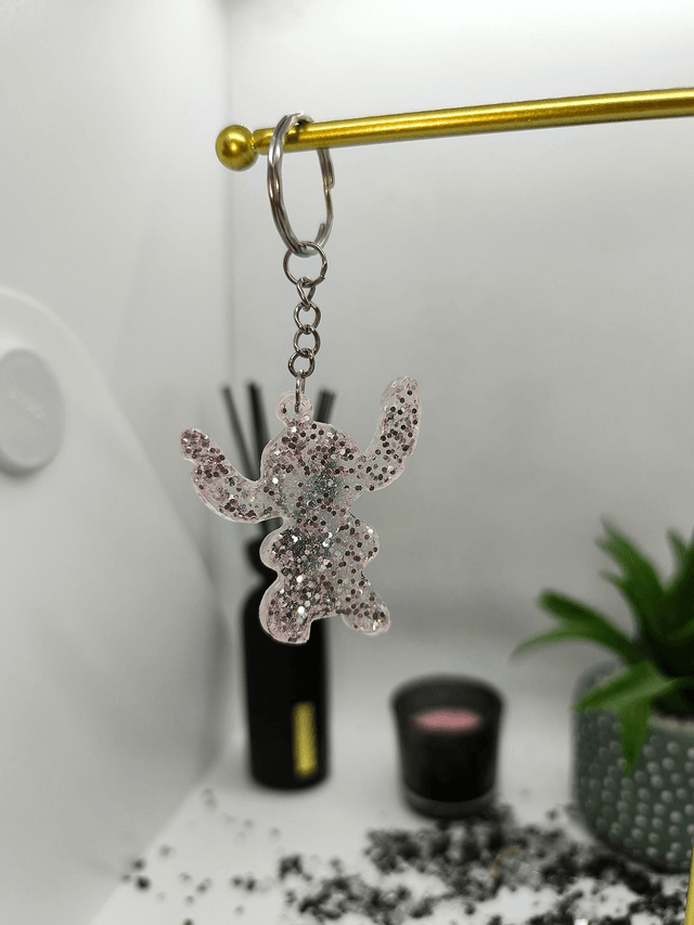 Porte clés Stitch paillettes rondes argentées 