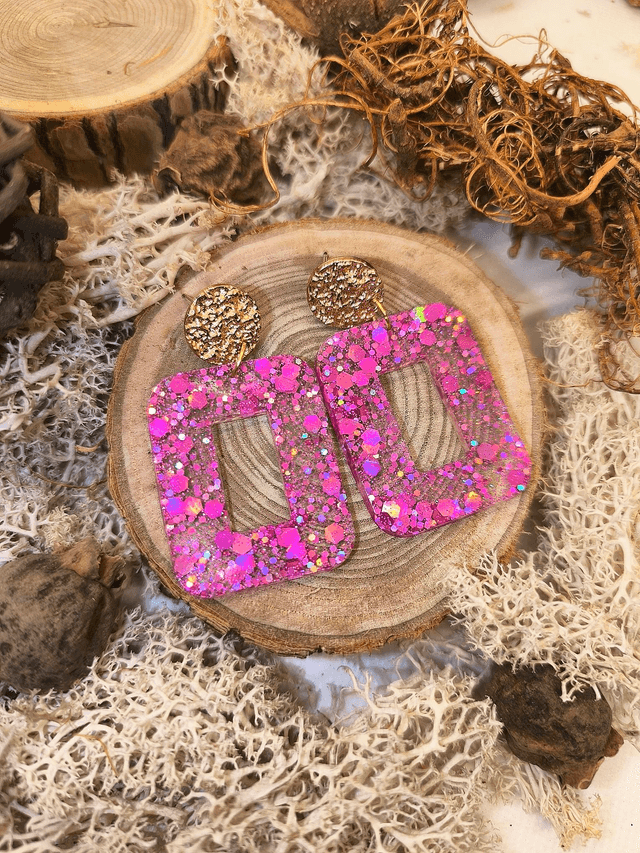 Boucles d'oreilles rectangle (large) rose pailletté holographique 