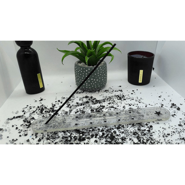 Porte encens transparent paillettes argentées et étoiles noires
