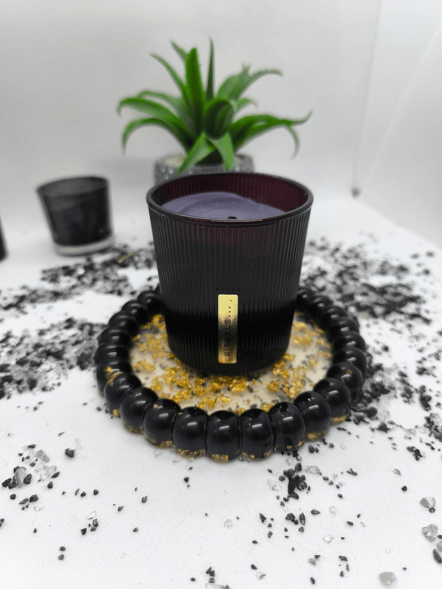 Plateau rond bubble noir et feuilles d'or 