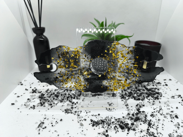 Support bouteille + verres noir et feuilles d'or 