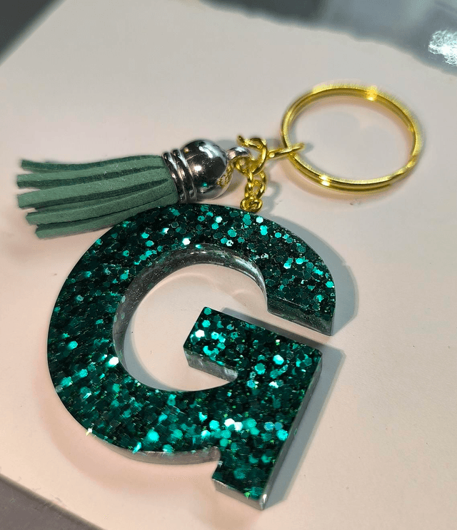 Porte clés initiale "G" pailleté bleu vert 