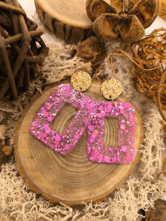 Boucles d'oreilles rectangle (large) rose pailletté holographique 