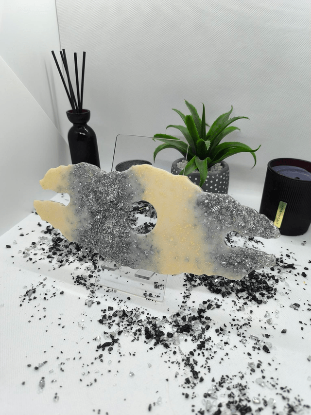 Support bouteille + verre blanc et feuilles argentées 