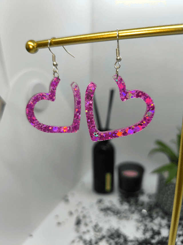 Boucles d'oreilles coeur rose pailletté 