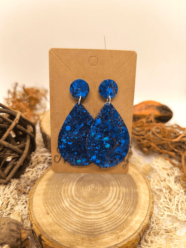 Boucles d'oreilles grande goutte bleu nuit pailleté 