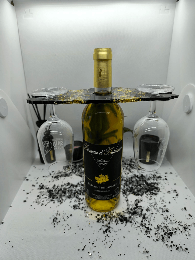 Support bouteille + verres noir et feuilles d'or 