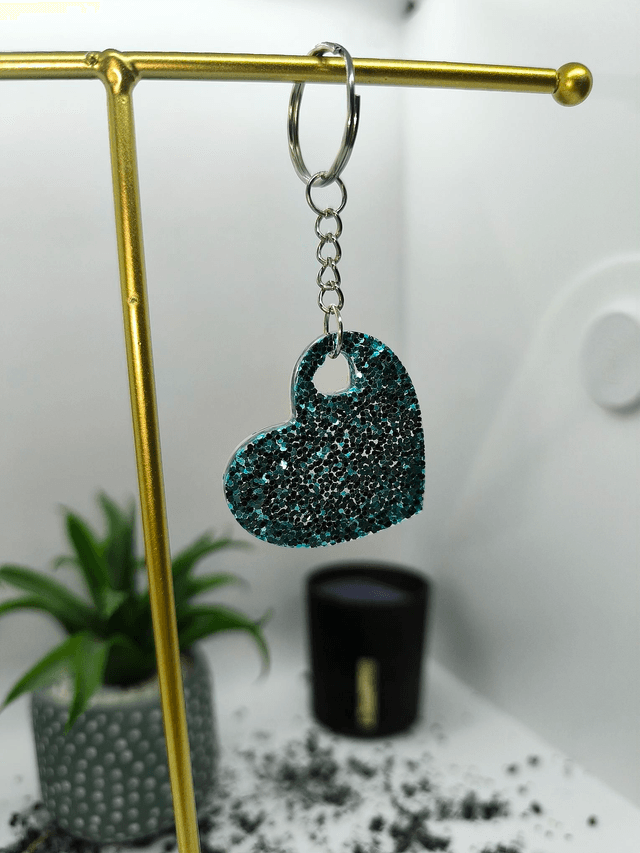 Porte clés coeur bleu turquoise pailleté 