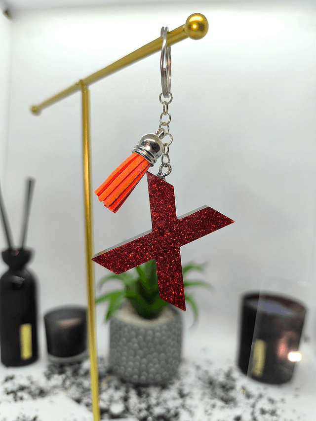 Porte clés initiale "X" rouge pailletté 