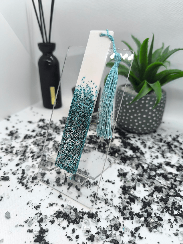 Marque page bicolore turquoise pailleté et blanc 