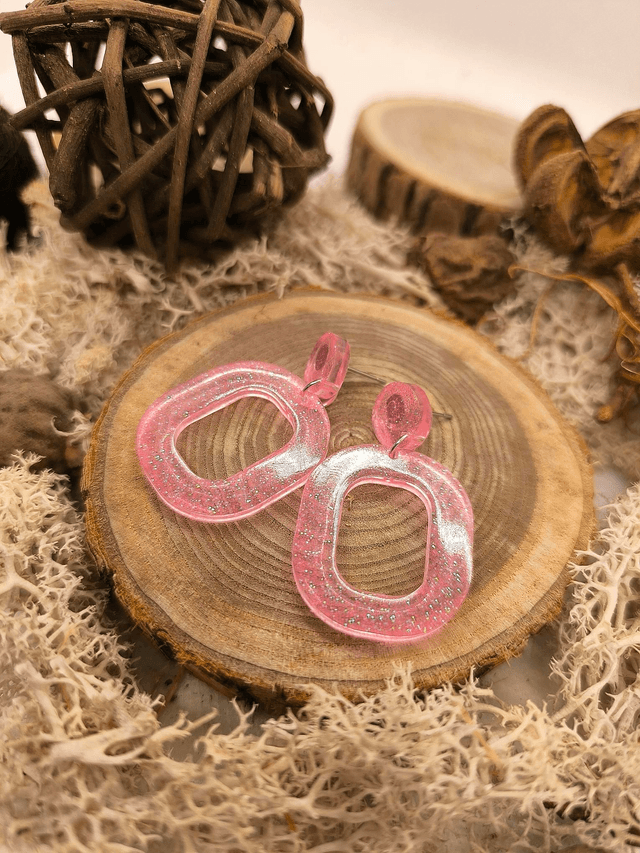 Boucles d'oreilles ovale rose fluo pailletté 