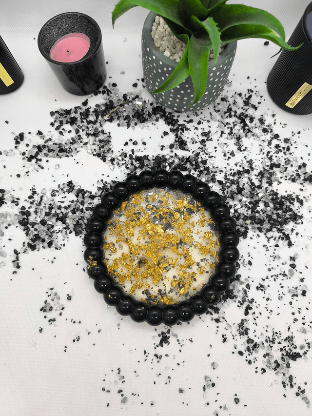 Plateau rond bubble noir et feuilles d'or 