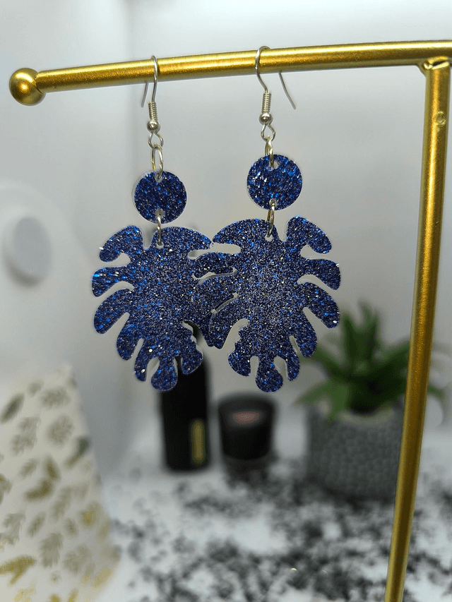 Boucles d'oreilles feuille pendante bleu pailletté nuit 