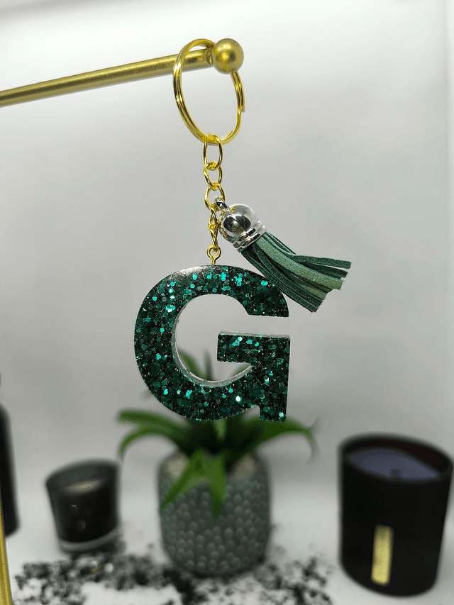 Porte clés initiale "G" pailleté bleu vert 