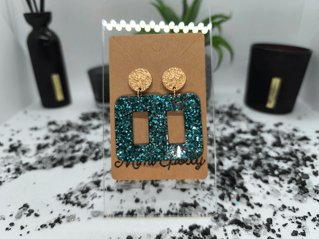 Boucles d'oreilles rectangle (large) paillettes bleu turquoise 