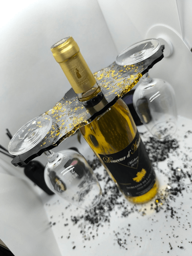 Support bouteille + verres noir et feuilles d'or 