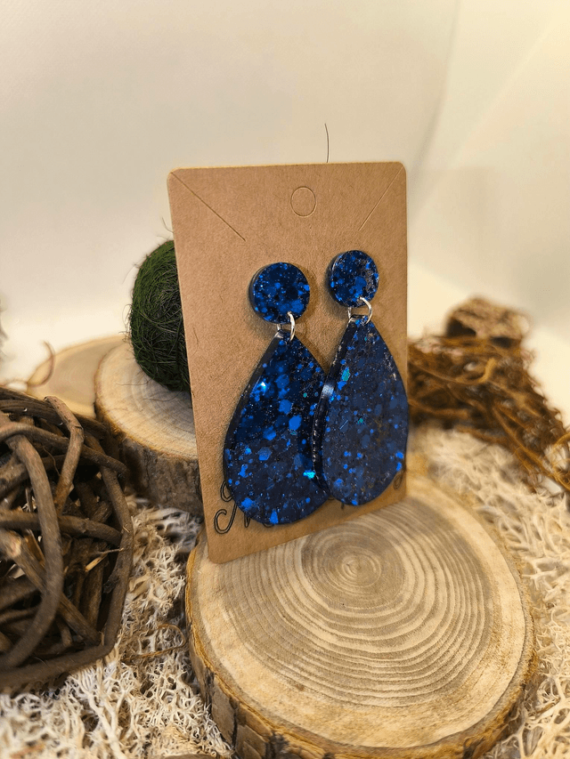 Boucles d'oreilles grande goutte bleu nuit pailleté 