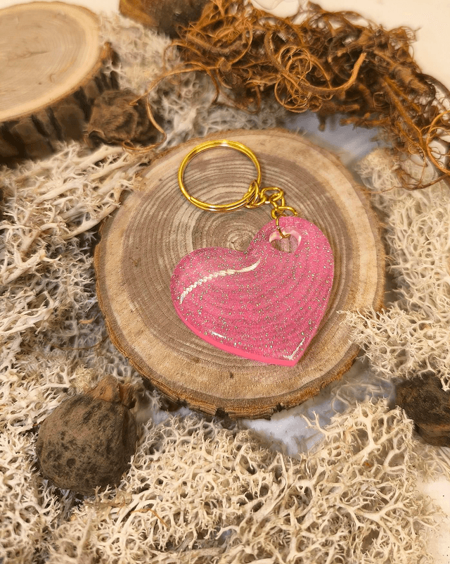 Porte clés coeur rose fluo pailletté 