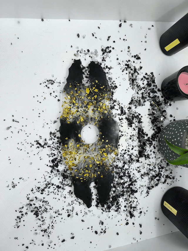 Support bouteille + verres noir et feuilles d'or 