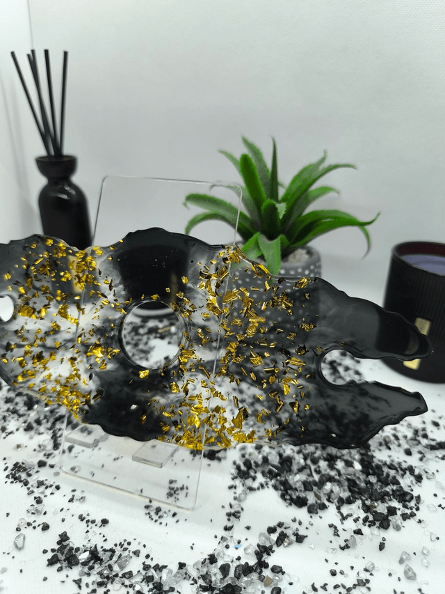 Support bouteille + verres noir et feuilles d'or 