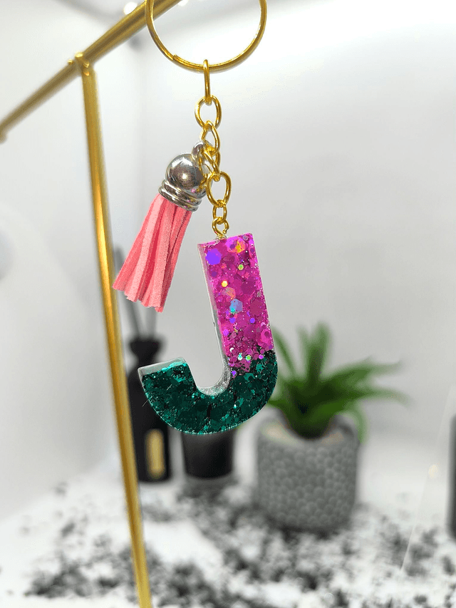 Porte clés initiale "J" rose et bleu pailletté 