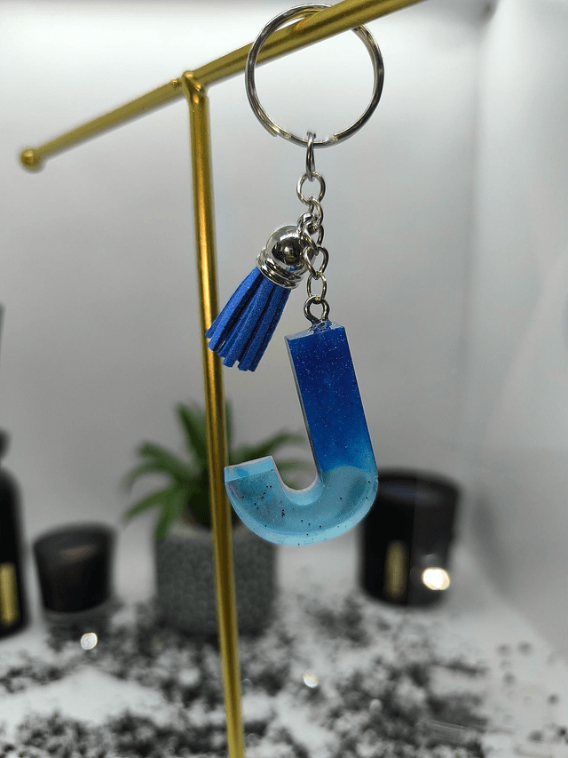 Porte clés initiale "J" bicolore bleu 