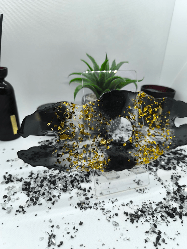 Support bouteille + verres noir et feuilles d'or 