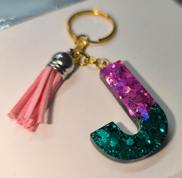Porte clés initiale "J" rose et bleu pailletté 