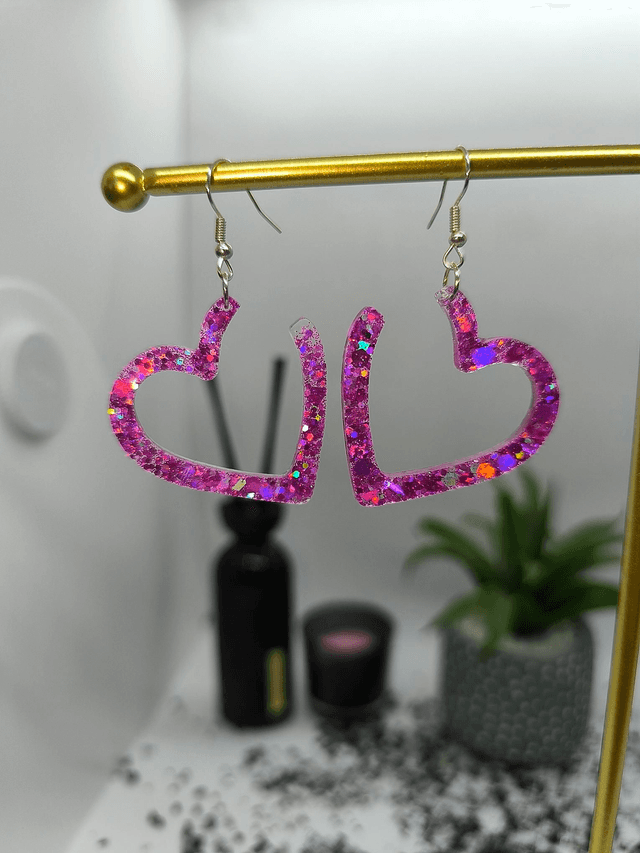 Boucles d'oreilles coeur rose pailletté 