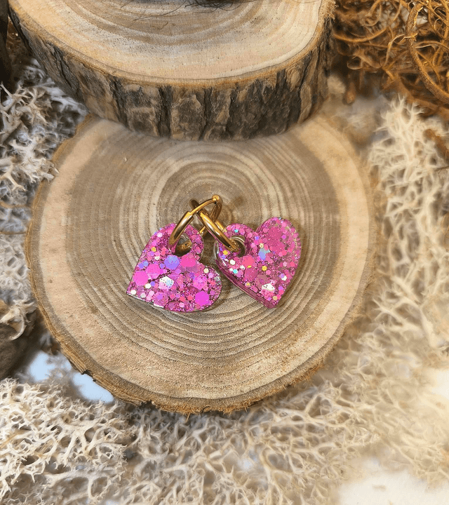 Pampilles interchangeables coeur rose pailletté holographique 