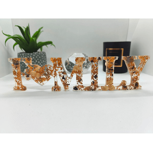 Décoration &quot;FAMILY&quot; feuilles bronze et fleurs séchées 