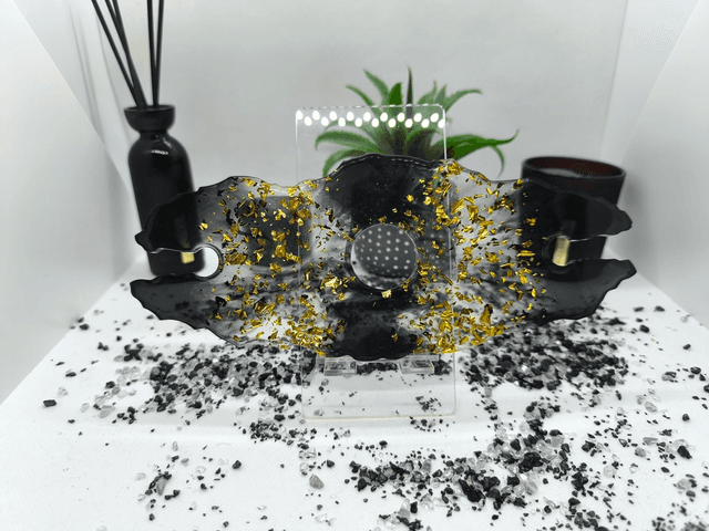 Support bouteille + verres noir et feuilles d&#039;or 