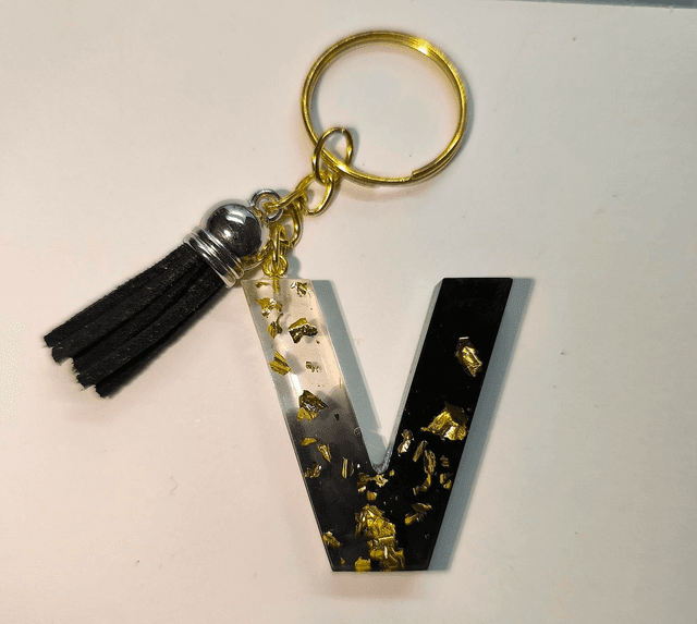 Porte clés initiale &quot;V&quot; noir et feuilles d&#039;or 