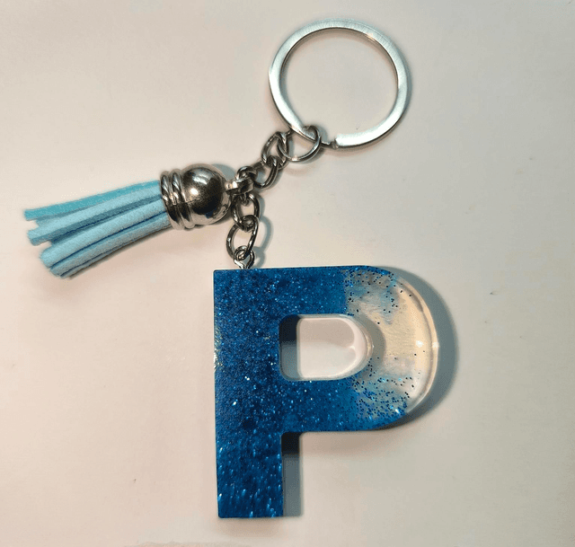 Porte clés initiale &quot;P&quot; transparent et bleu pailletté 