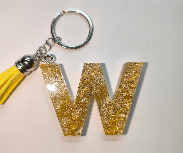 Porte clés initiale &quot;W&quot; doré et feuilles d&#039;or 