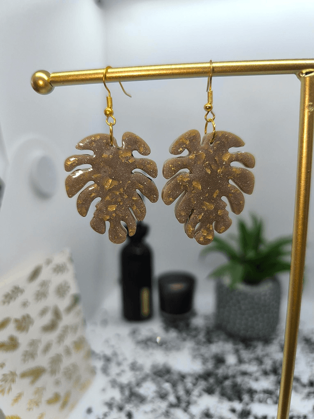 Boucles d&#039;oreilles feuille kaki marbré feuilles d&#039;or 