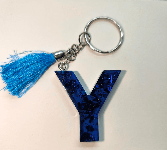 Porte clés initiale &quot;Y&quot; bleu nuit et feuilles bleu 