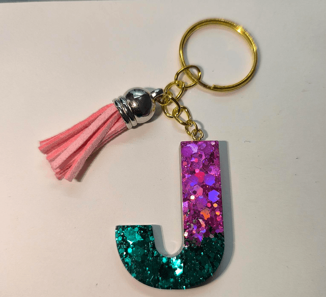 Porte clés initiale &quot;J&quot; rose et bleu pailletté 