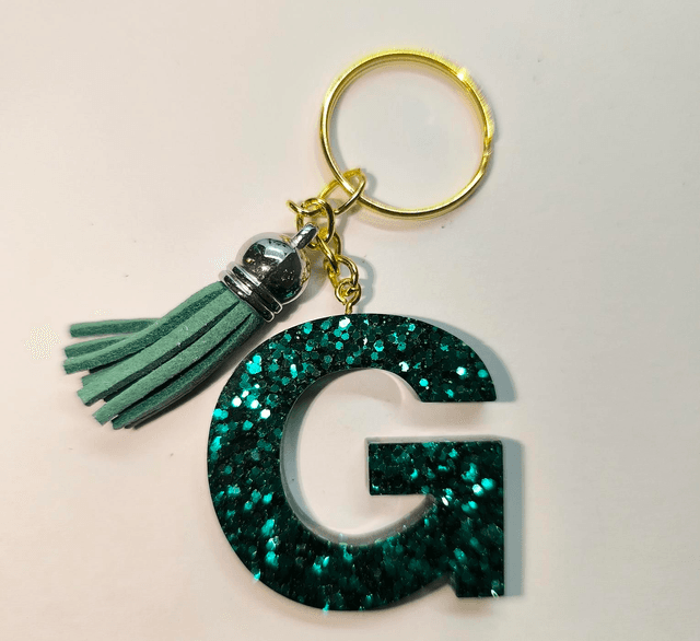 Porte clés initiale &quot;G&quot; pailleté bleu vert 