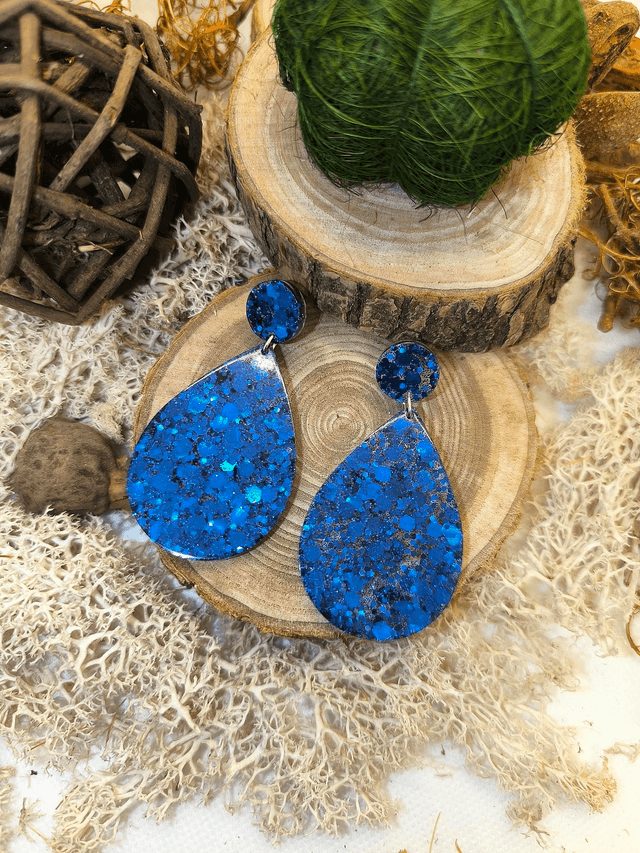 Boucles d&#039;oreilles grande goutte bleu nuit pailleté 